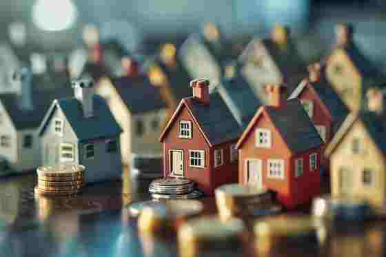 Kleine Häuschen und Münzen auf Tisch