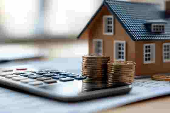 Kleines Häuschen mit Taschenrechner und Münzen