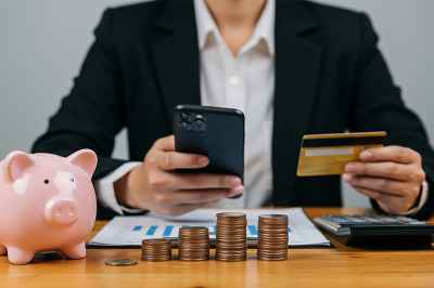 Mann mit Smartphone, Bankomatkarte, Sparschwein und Münzen